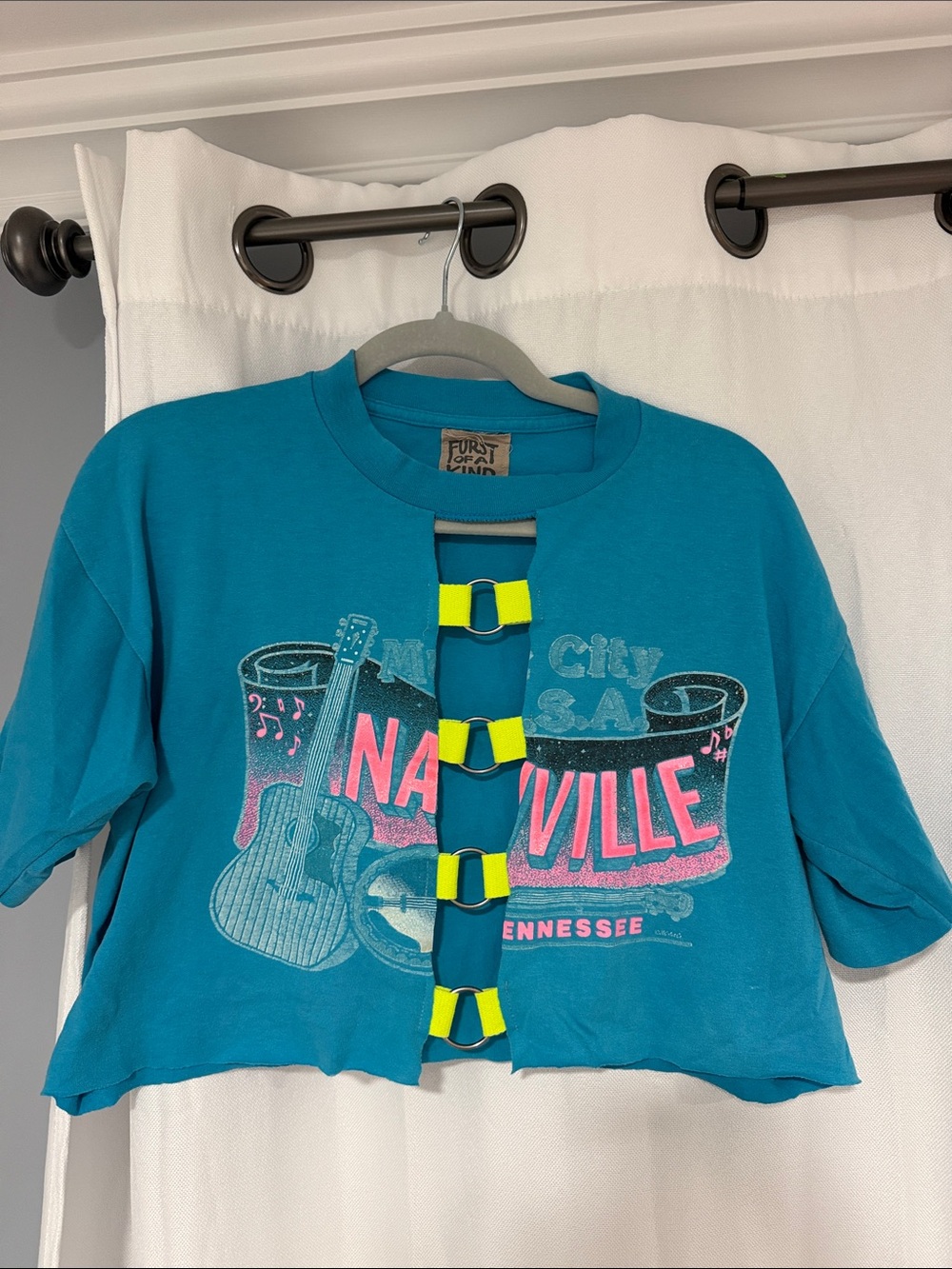 Teal Nashville Graphic Cropped Top with Neon Buckles